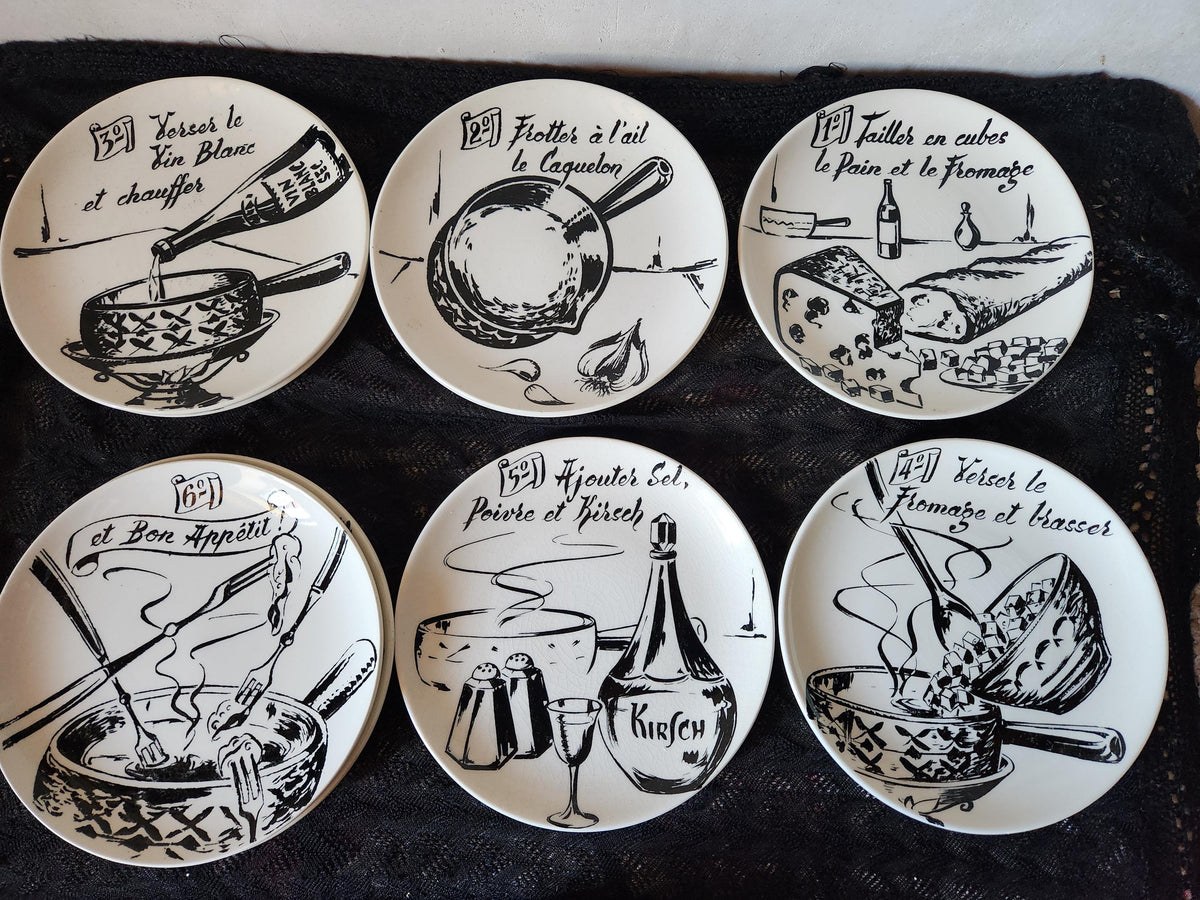 Vintage French GIEN Fondue Plates: Savoyard Recipes, Camembert Style Box 9-Piece Set