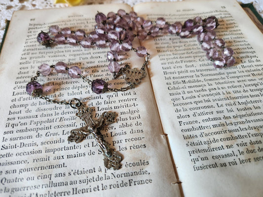 Vintage French Silver Crucifix Rosary Clear purple Glass Beads. Prayer Beads in Leather Pouch.