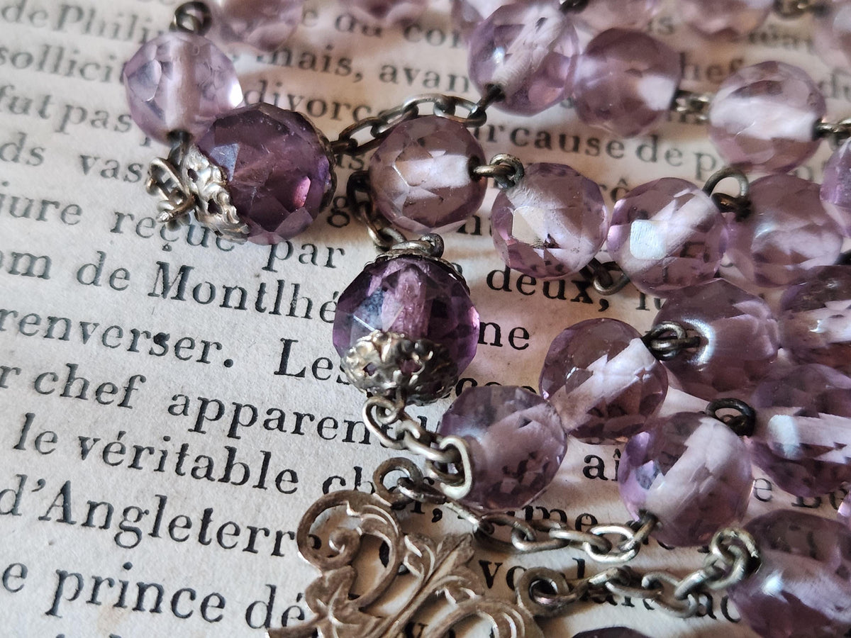 Vintage French Silver Crucifix Rosary Clear purple Glass Beads. Prayer Beads in Leather Pouch.