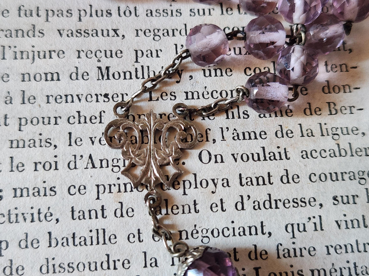Vintage French Silver Crucifix Rosary Clear purple Glass Beads. Prayer Beads in Leather Pouch.