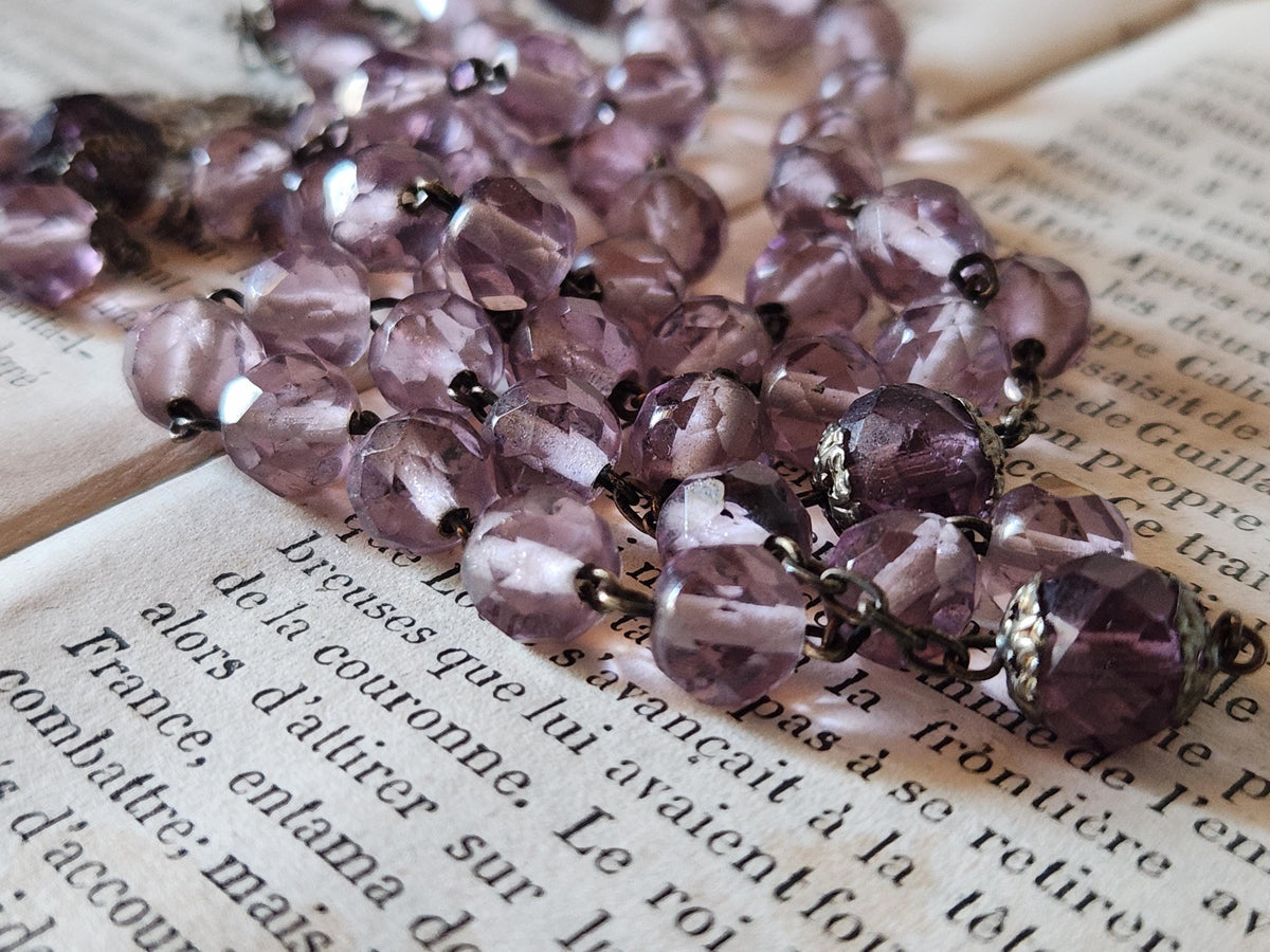 Vintage French Silver Crucifix Rosary Clear purple Glass Beads. Prayer Beads in Leather Pouch.