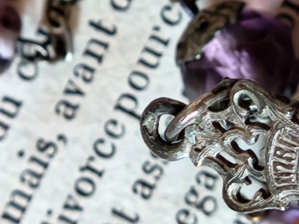 Vintage French Silver Crucifix Rosary Clear purple Glass Beads. Prayer Beads in Leather Pouch.
