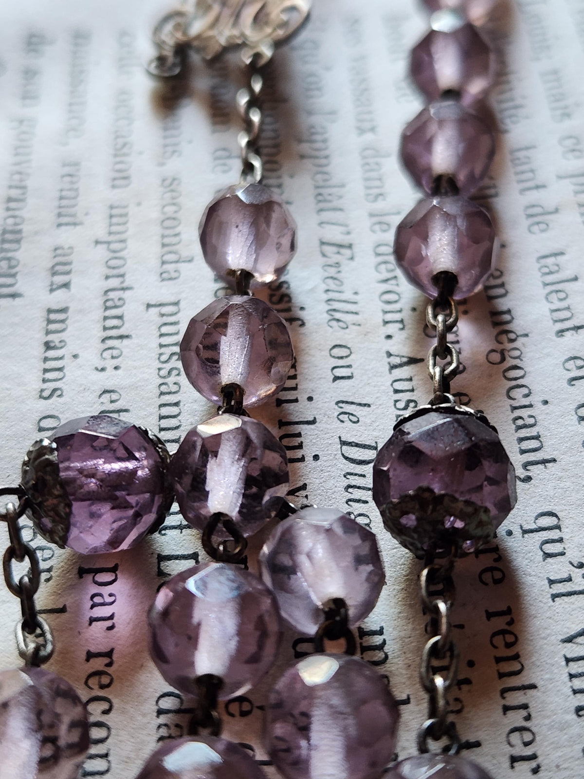 Vintage French Silver Crucifix Rosary Clear purple Glass Beads. Prayer Beads in Leather Pouch.