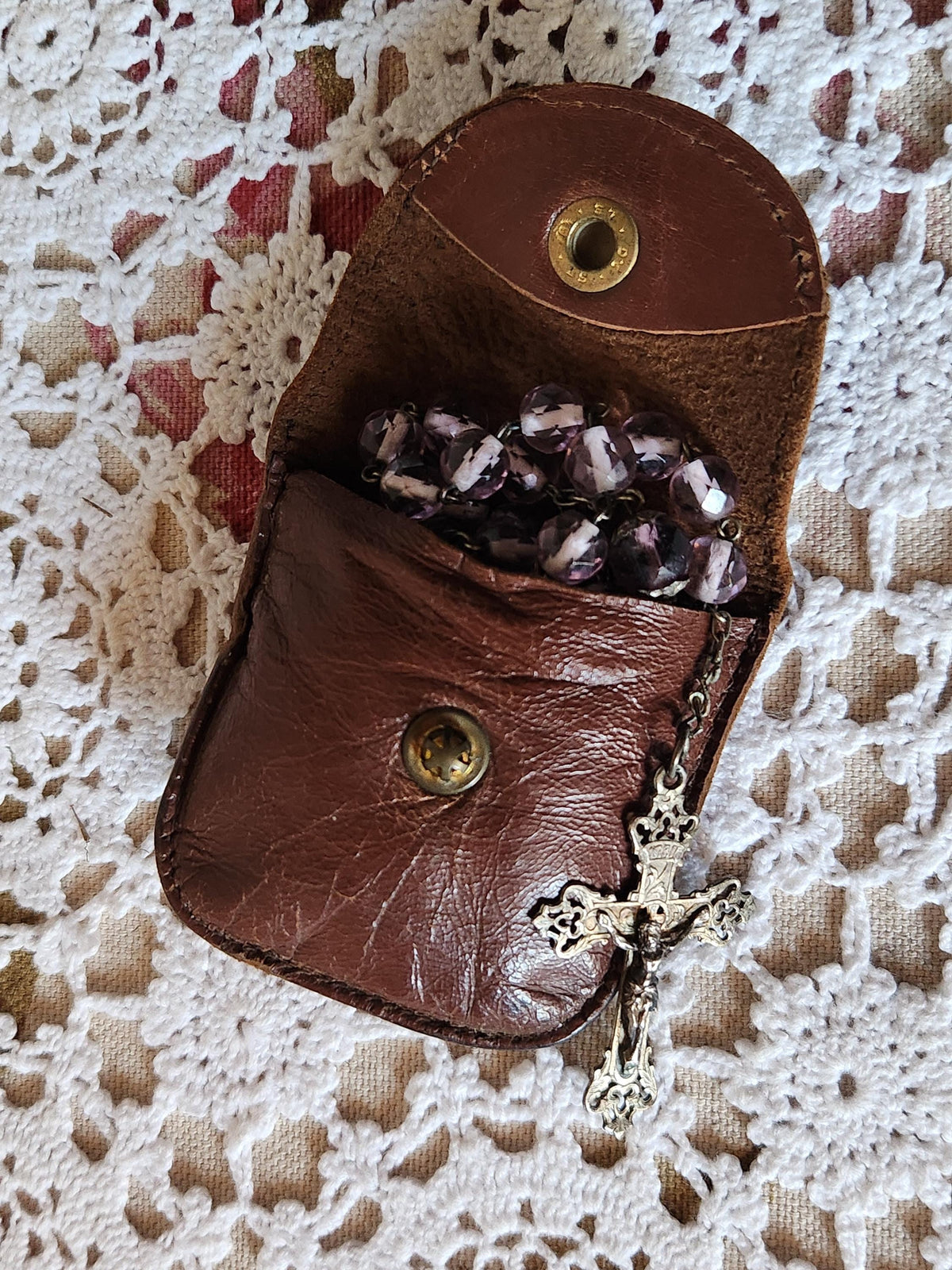 Vintage French Silver Crucifix Rosary Clear purple Glass Beads. Prayer Beads in Leather Pouch.