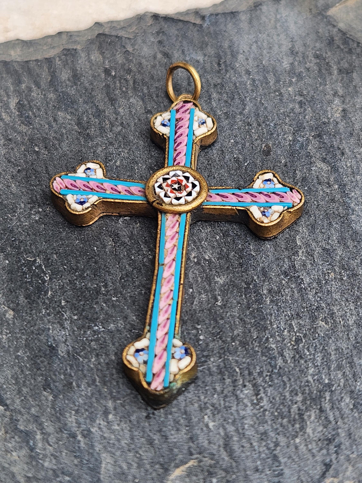 Antique Micro Mosaic Cross: 1800s Italian Floral Religious Jewelry
