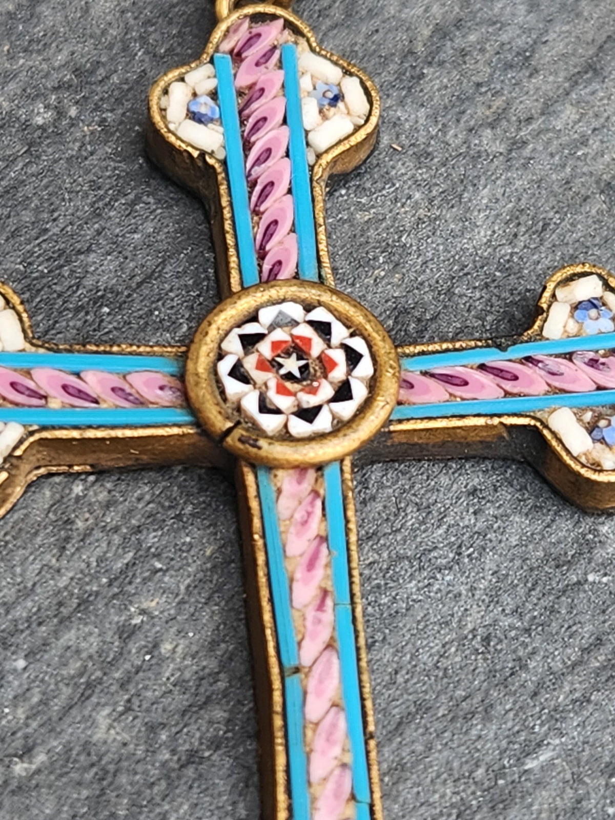 Antique Micro Mosaic Cross: 1800s Italian Floral Religious Jewelry