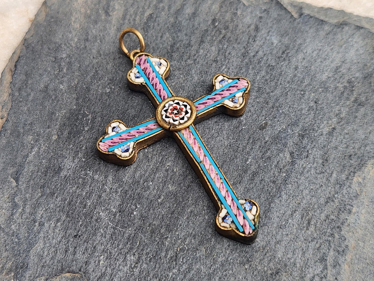 Antique Micro Mosaic Cross: 1800s Italian Floral Religious Jewelry