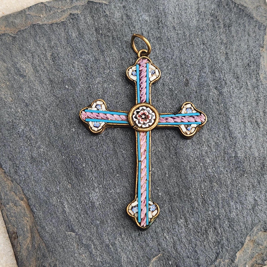 Antique Micro Mosaic Cross: 1800s Italian Floral Religious Jewelry