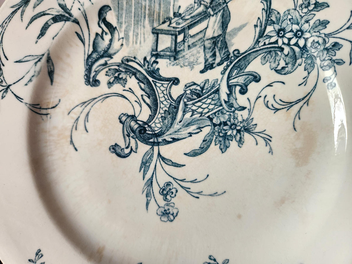 Antique 19th Century French Blue Transferware Plates: Jules Vieillard 'Artisans' Ironstone