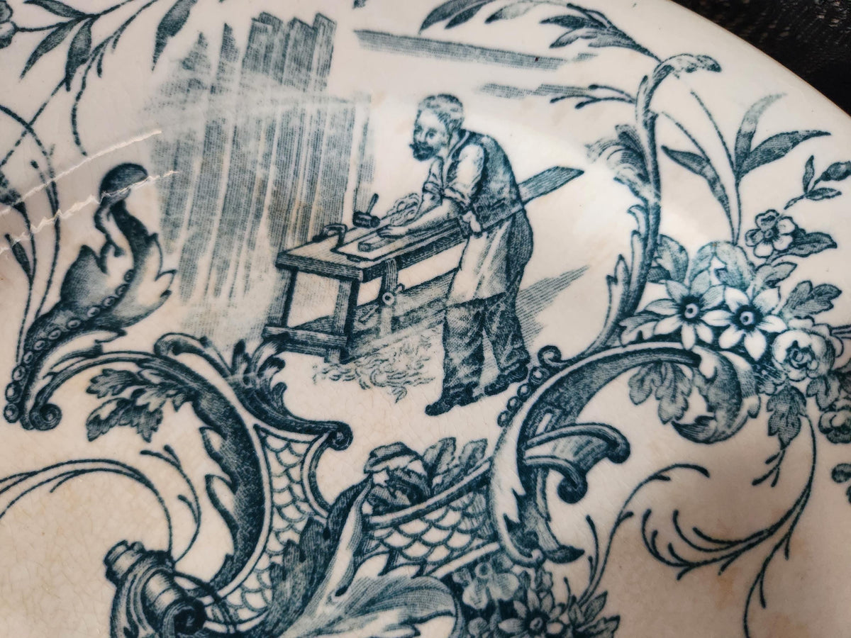 Antique 19th Century French Blue Transferware Plates: Jules Vieillard 'Artisans' Ironstone
