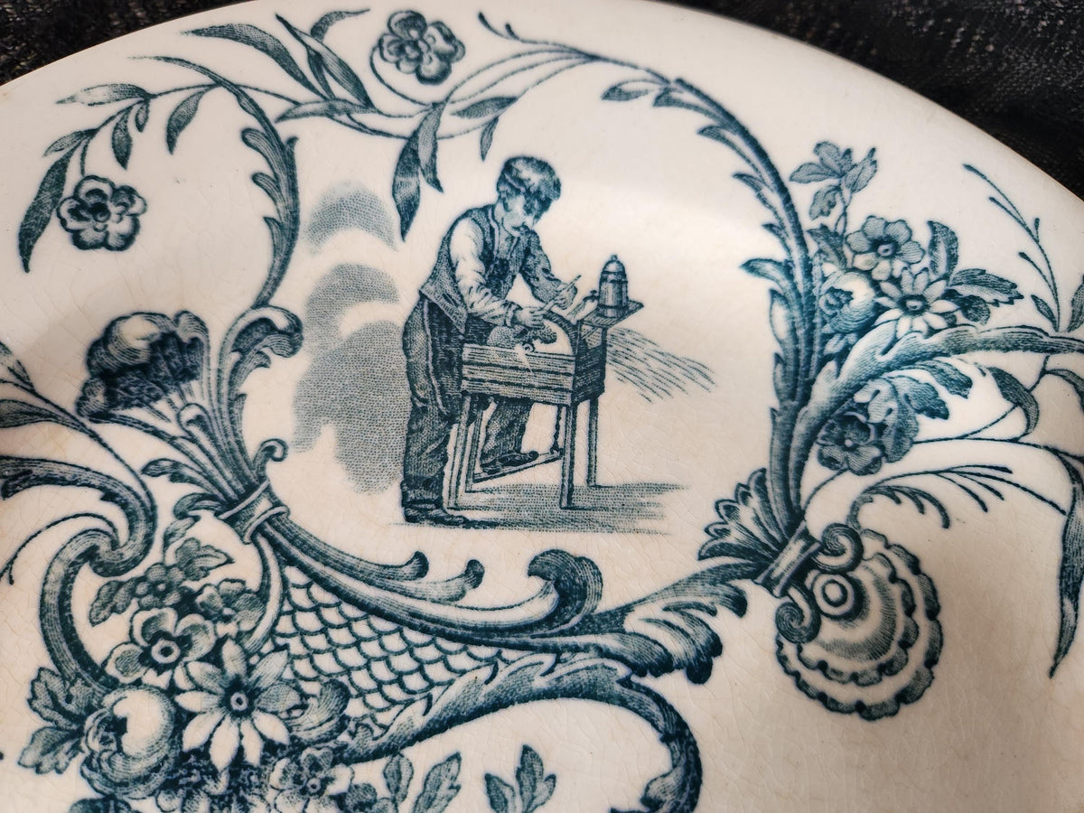 Antique 19th Century French Blue Transferware Plates: Jules Vieillard 'Artisans' Ironstone