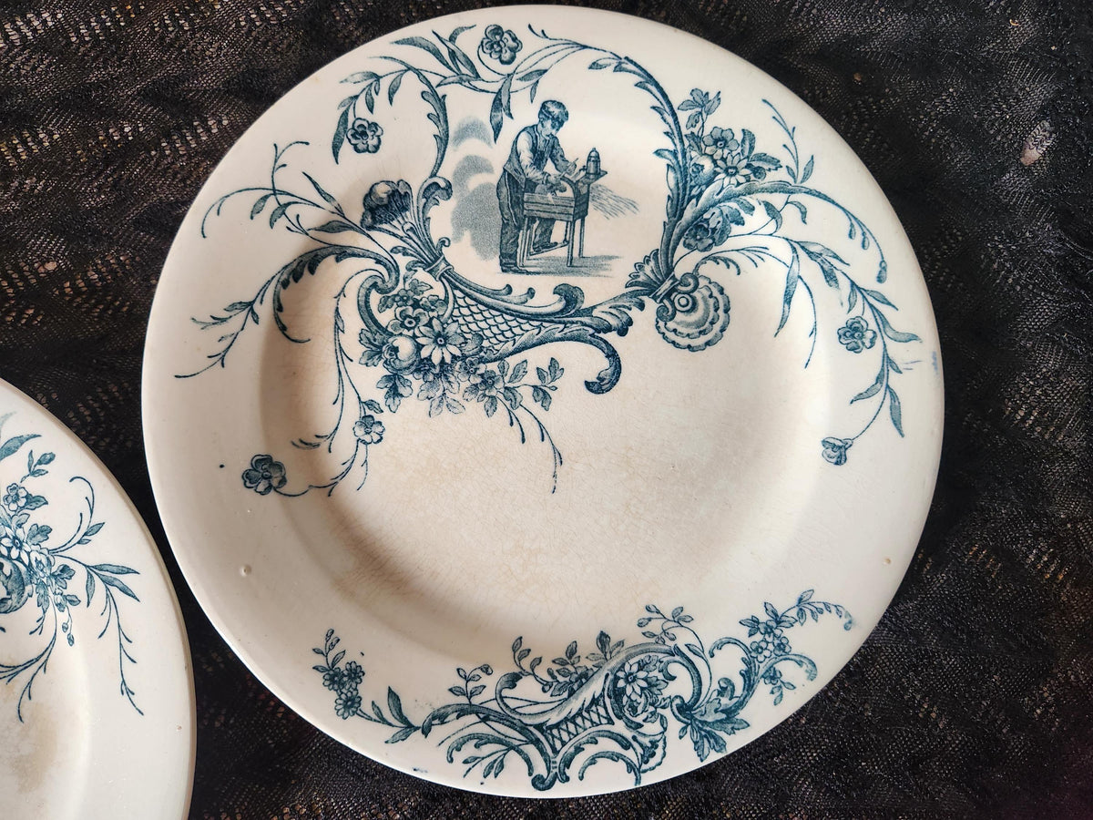 Antique 19th Century French Blue Transferware Plates: Jules Vieillard 'Artisans' Ironstone