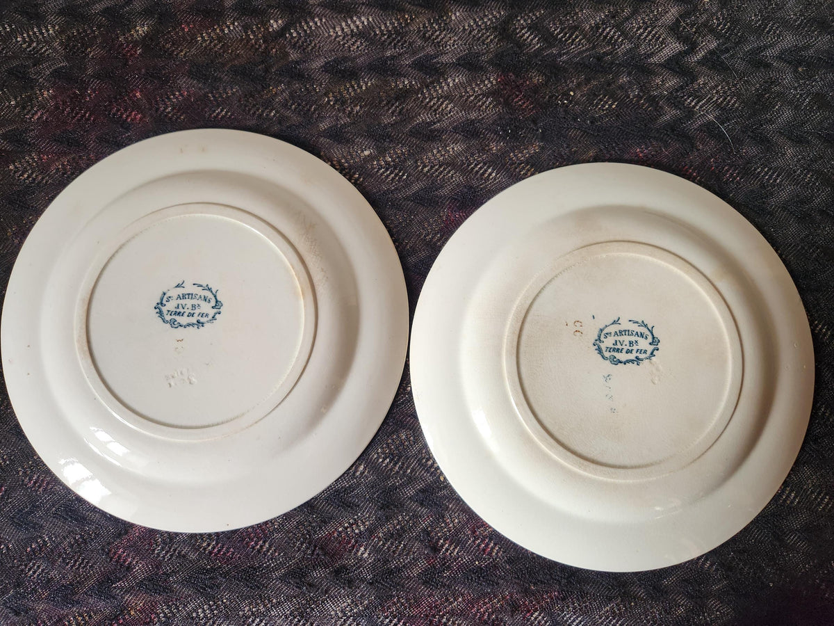 Antique 19th Century French Blue Transferware Plates: Jules Vieillard 'Artisans' Ironstone