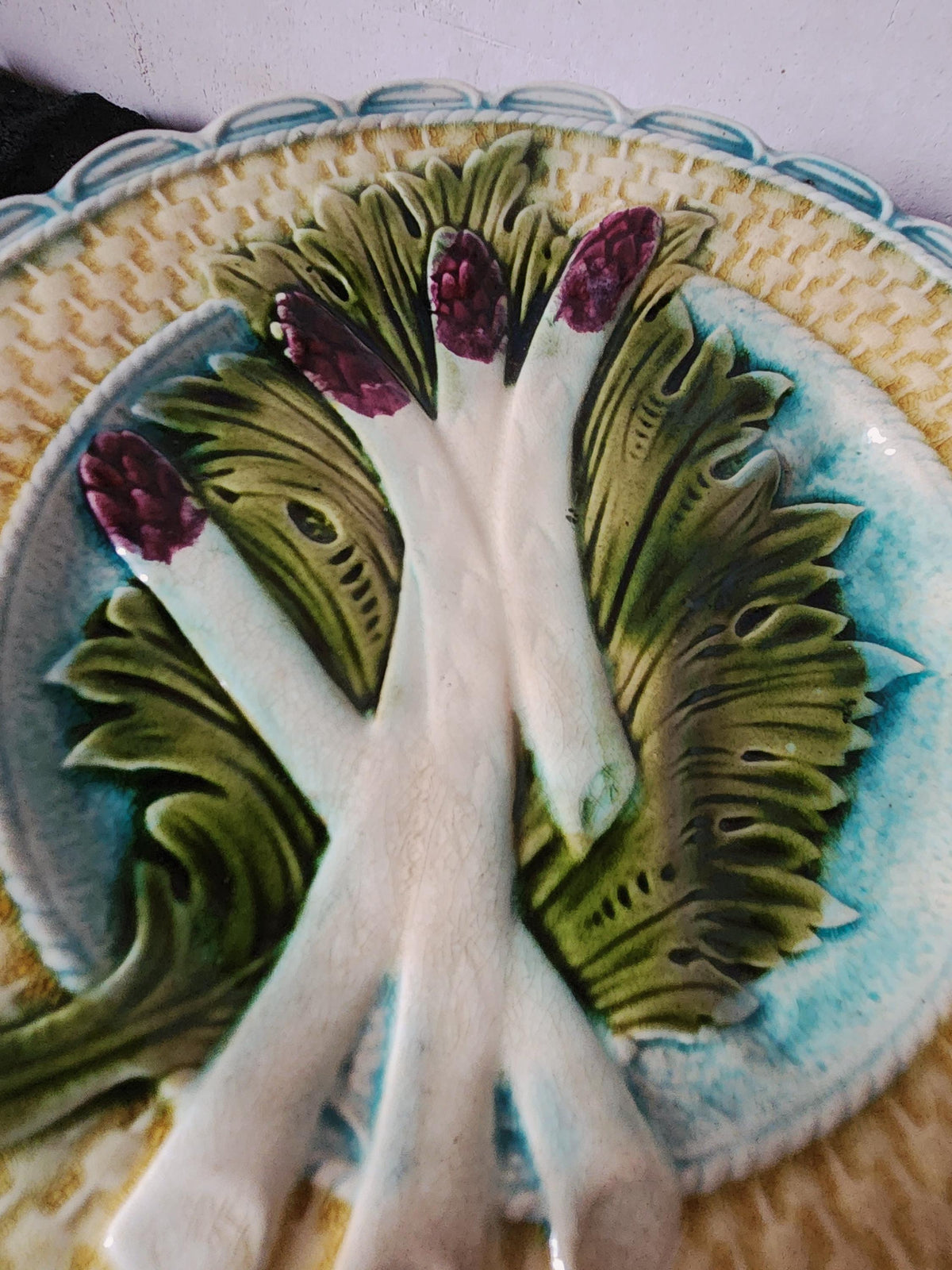 Antique French Salins Barbotine Asparagus Plate 19th Century