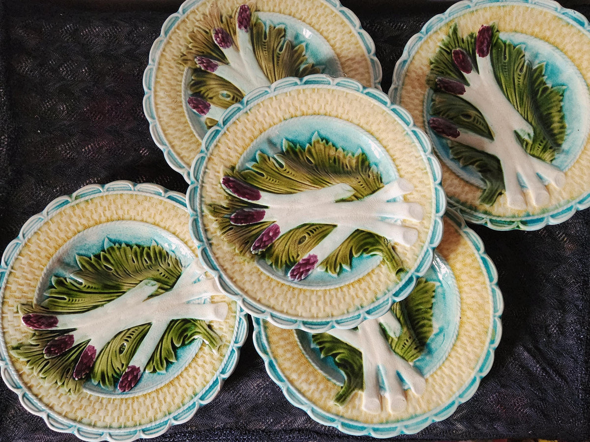 Antique French Salins Barbotine Asparagus Plate 19th Century