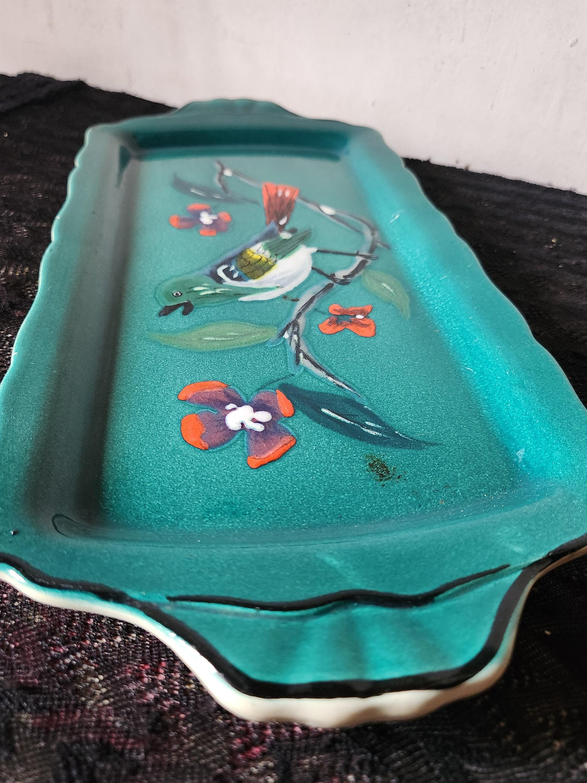 Antique French Early 20th Century Longwy Gazouillis Ironstone Cake Platter Enamel Painted Bird