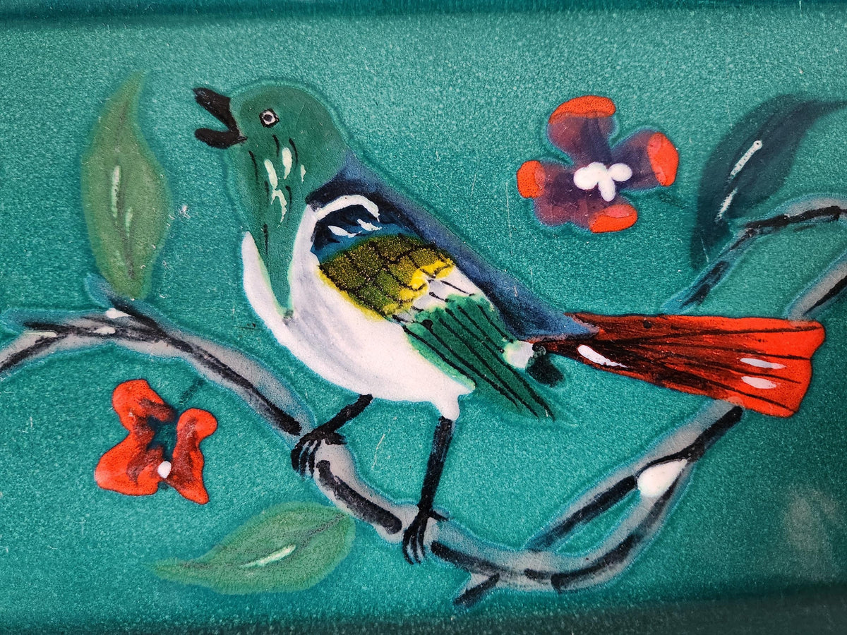 Antique French Early 20th Century Longwy Gazouillis Ironstone Cake Platter Enamel Painted Bird