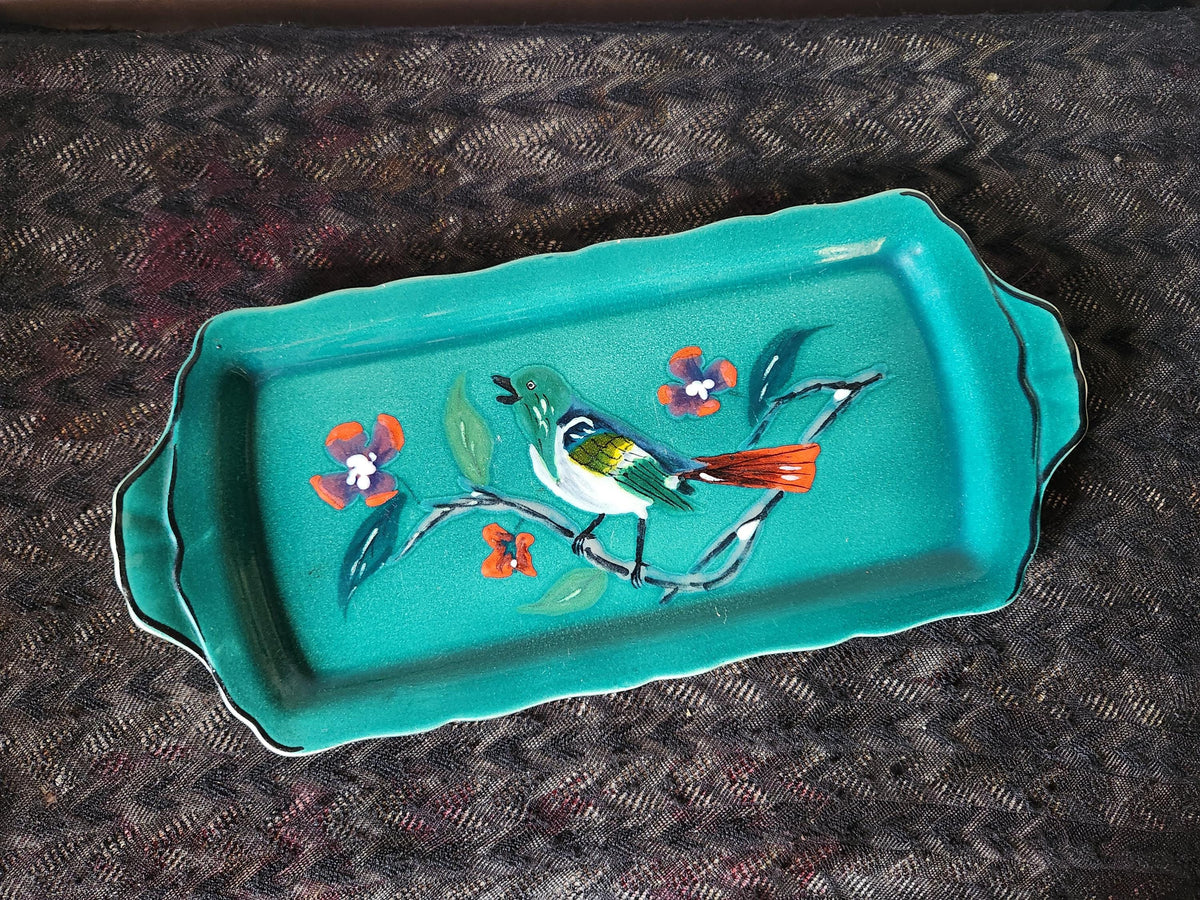 Antique French Early 20th Century Longwy Gazouillis Ironstone Cake Platter Enamel Painted Bird