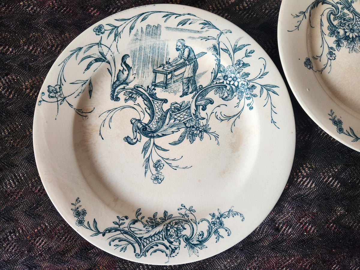 Antique 19th Century French Blue Transferware Plates: Jules Vieillard 'Artisans' Ironstone