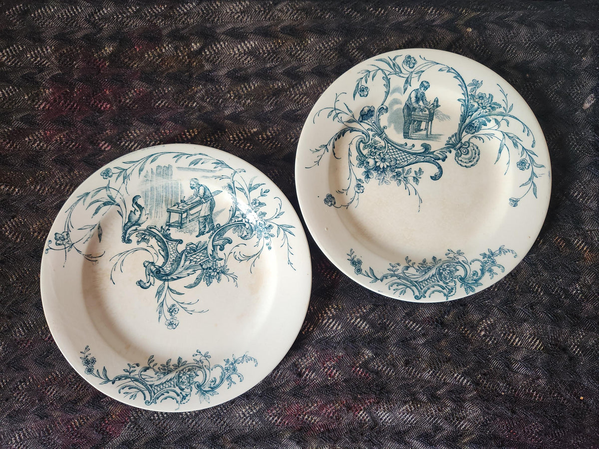 Antique 19th Century French Blue Transferware Plates: Jules Vieillard 'Artisans' Ironstone