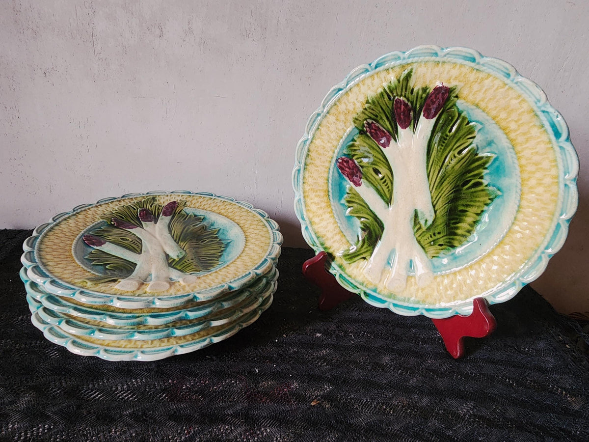 Antique French Salins Barbotine Asparagus Plate 19th Century