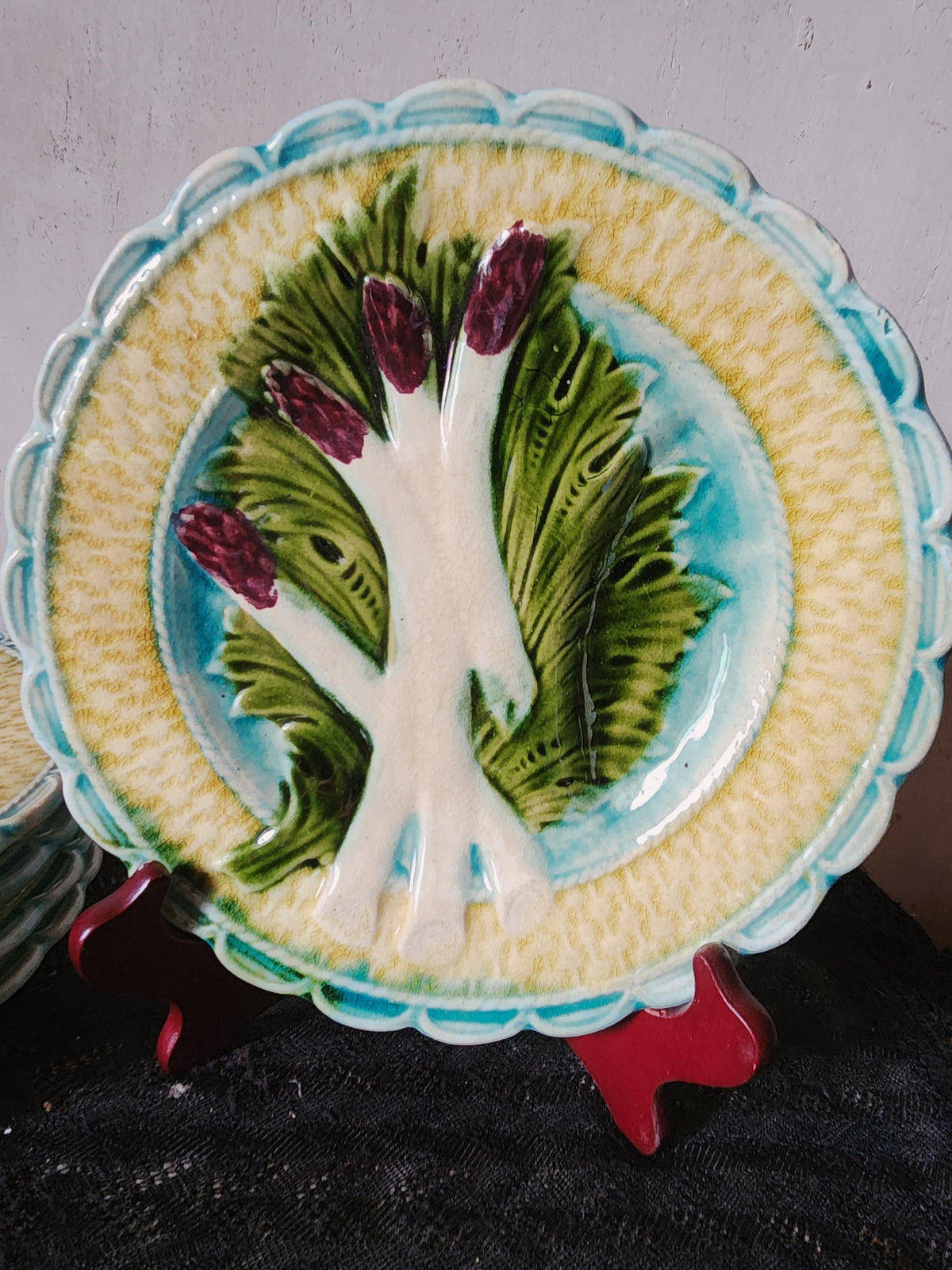Antique French Salins Barbotine Asparagus Plate 19th Century