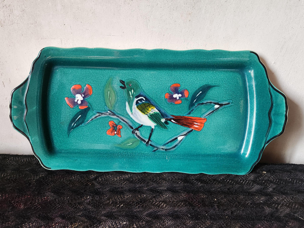 Antique French Early 20th Century Longwy Gazouillis Ironstone Cake Platter Enamel Painted Bird