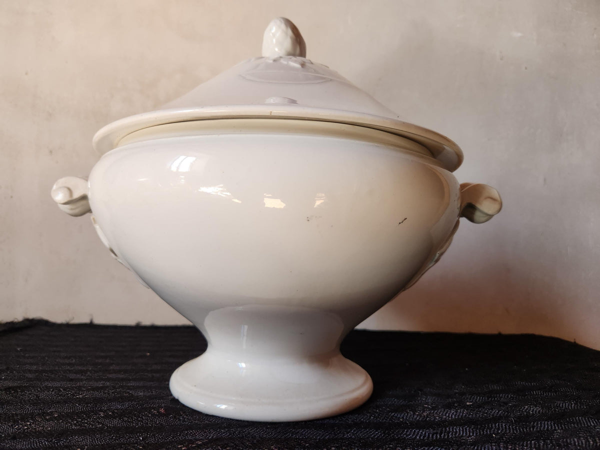 Antique Lunéville Ironstone Soup Tureen, 1875 French Terre de Fer Tea Stained