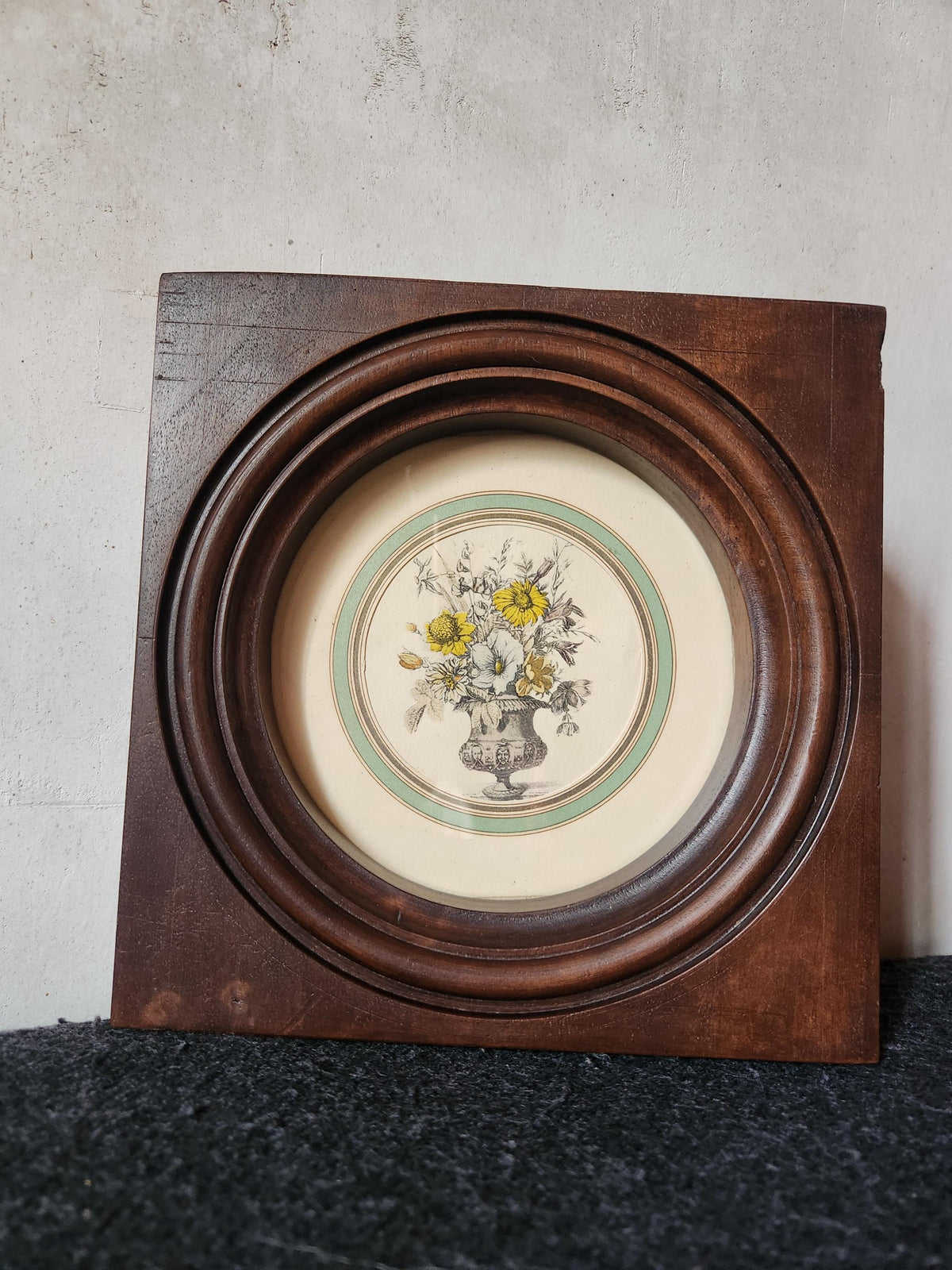 Antique Pair of Bouquet Lithographs Set into Wooden Frame.