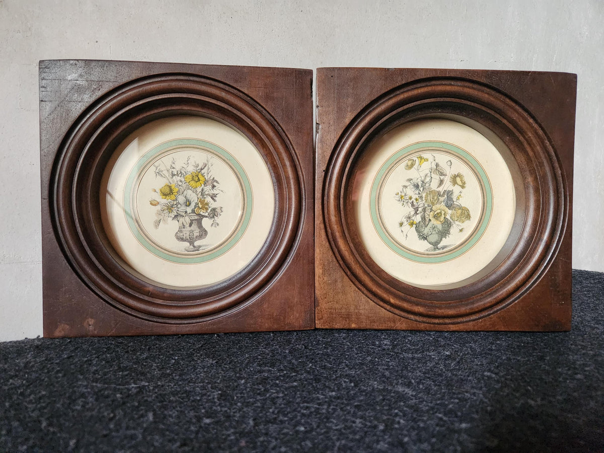Antique Pair of Bouquet Lithographs Set into Wooden Frame.