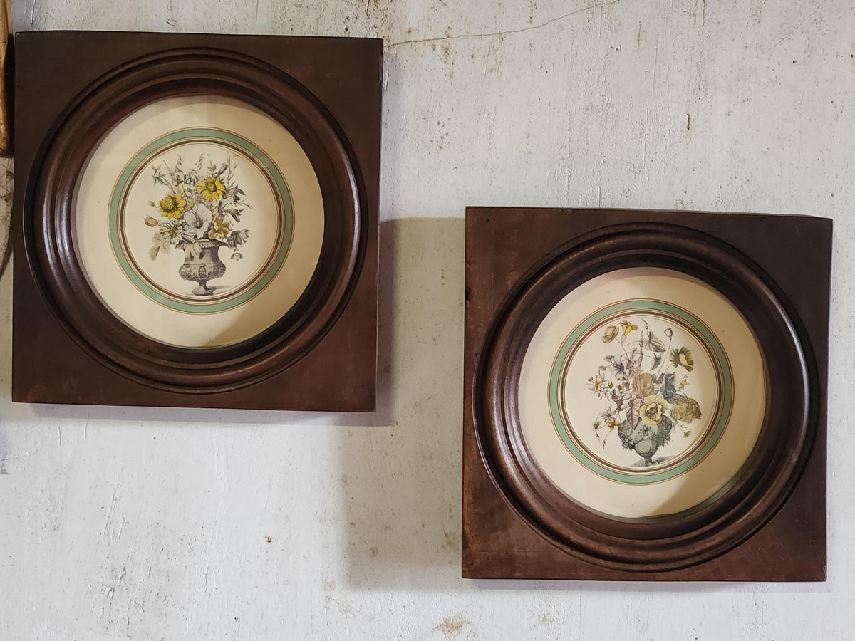 Antique Pair of Bouquet Lithographs Set into Wooden Frame.