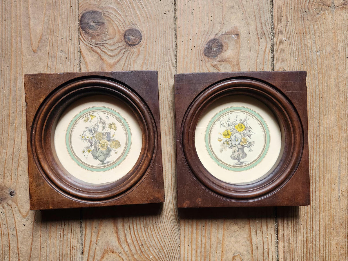 Antique Pair of Bouquet Lithographs Set into Wooden Frame.