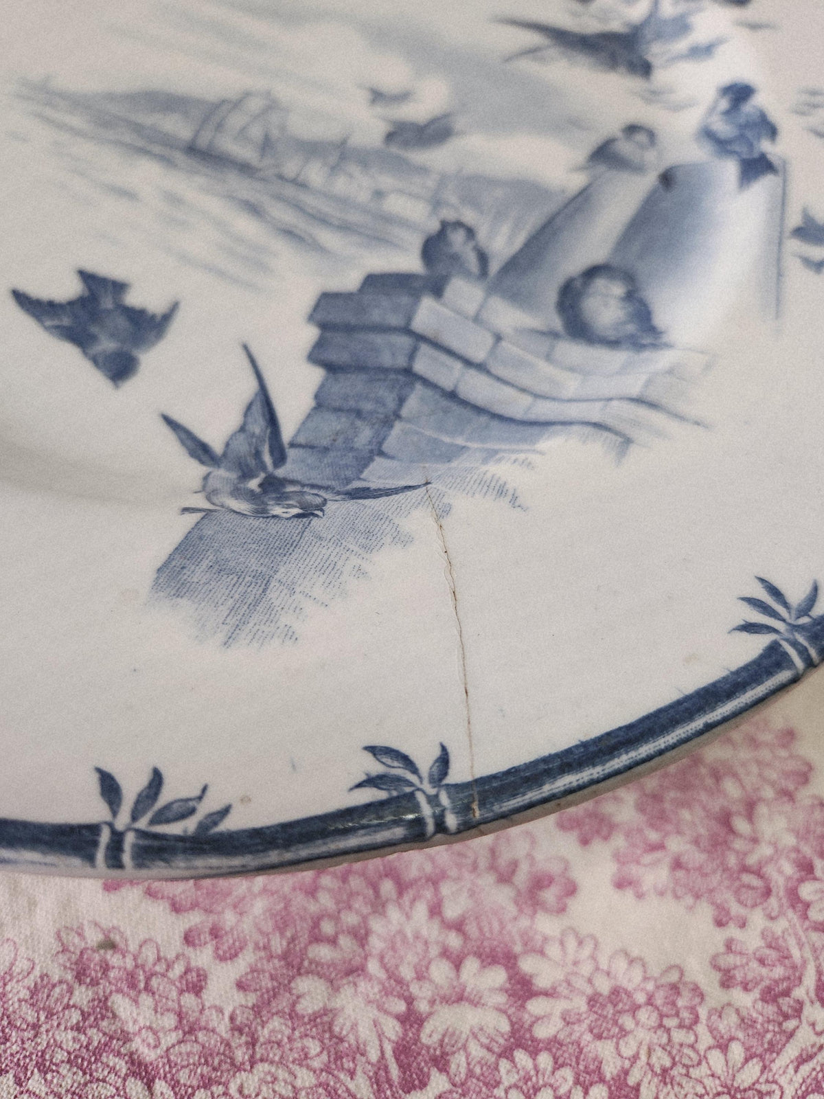 Antique French 19th Century GIEN Ironstone Footed Plate With Sparrows - TEASTAINED