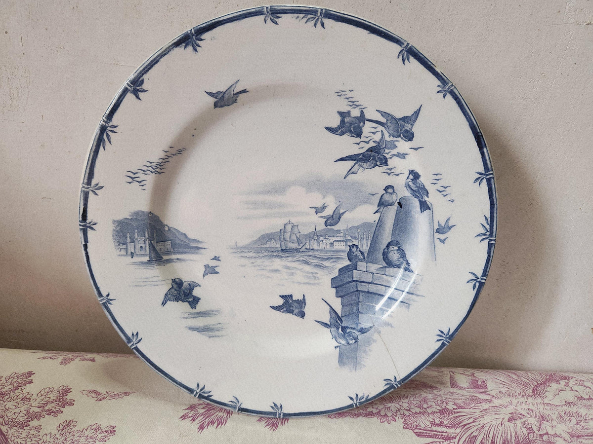 Antique French 19th Century GIEN Ironstone Footed Plate With Sparrows - TEASTAINED