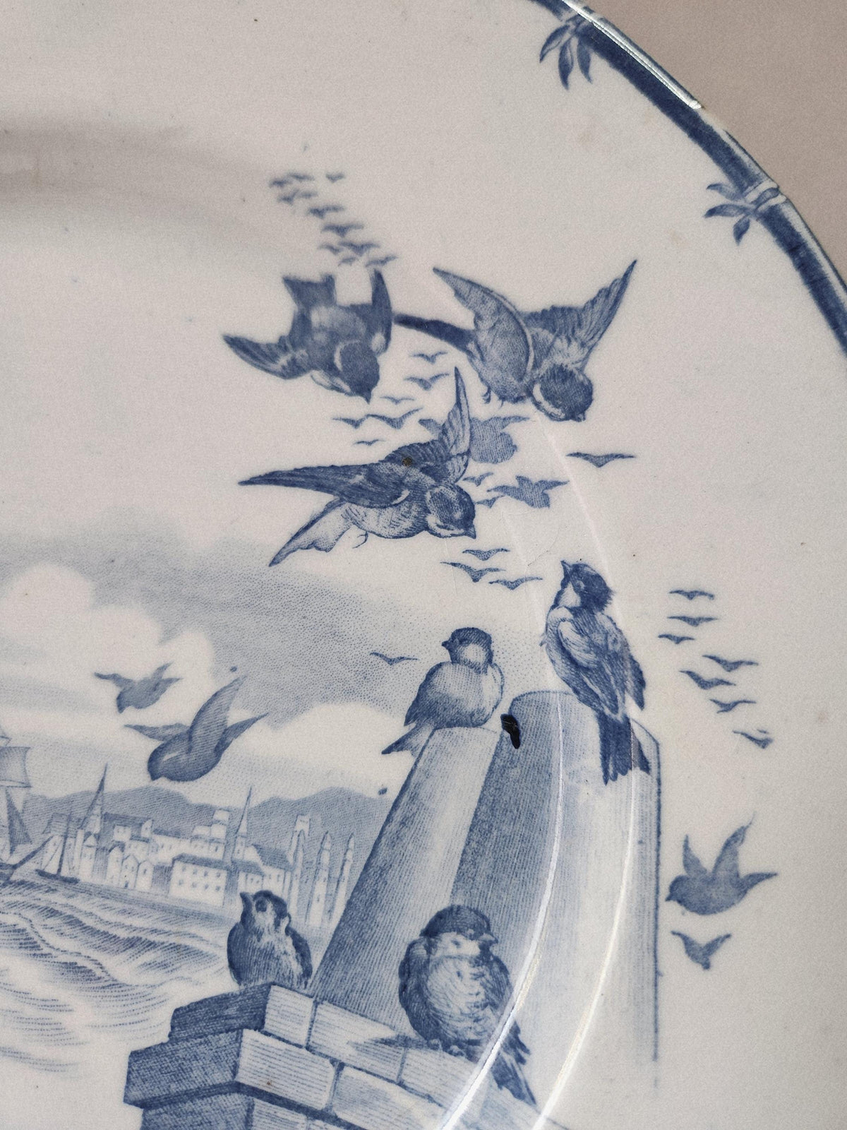 Antique French 19th Century GIEN Ironstone Footed Plate With Sparrows - TEASTAINED