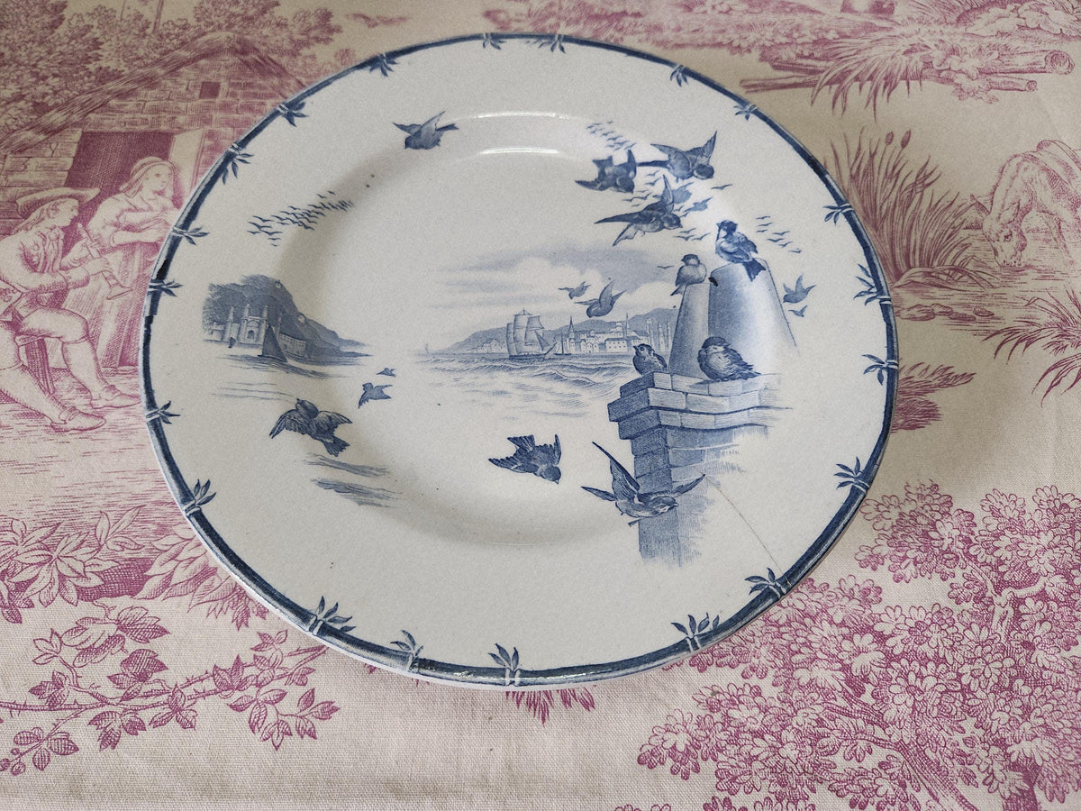 Antique French 19th Century GIEN Ironstone Footed Plate With Sparrows - TEASTAINED