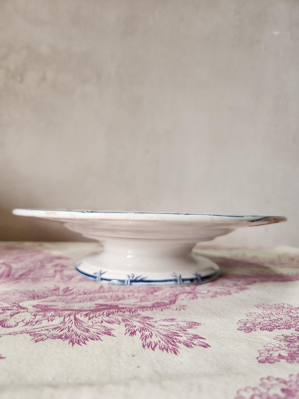 Antique French 19th Century GIEN Ironstone Footed Plate With Sparrows - TEASTAINED