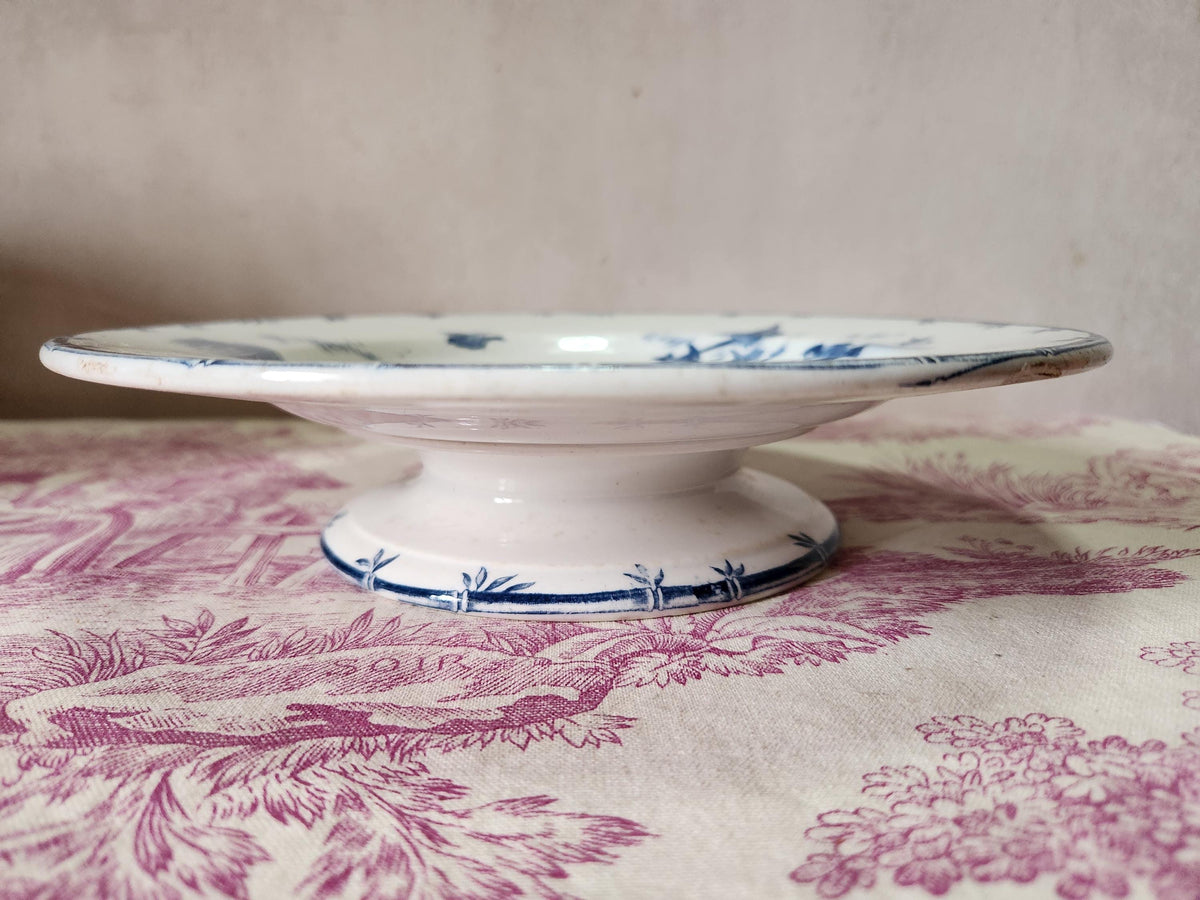 Antique French 19th Century GIEN Ironstone Footed Plate With Sparrows - TEASTAINED