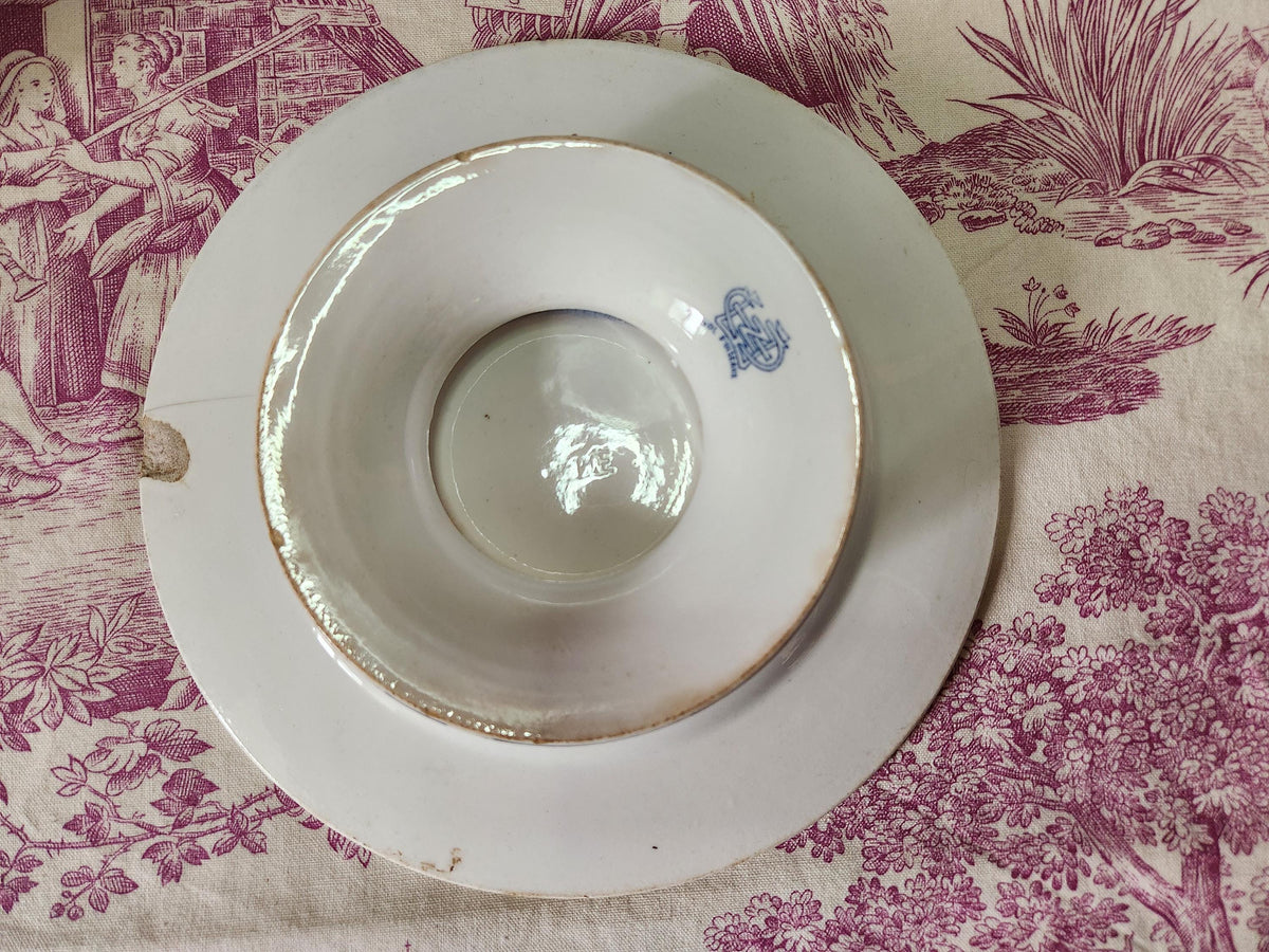 Antique French 19th Century GIEN Ironstone Footed Plate With Sparrows - TEASTAINED