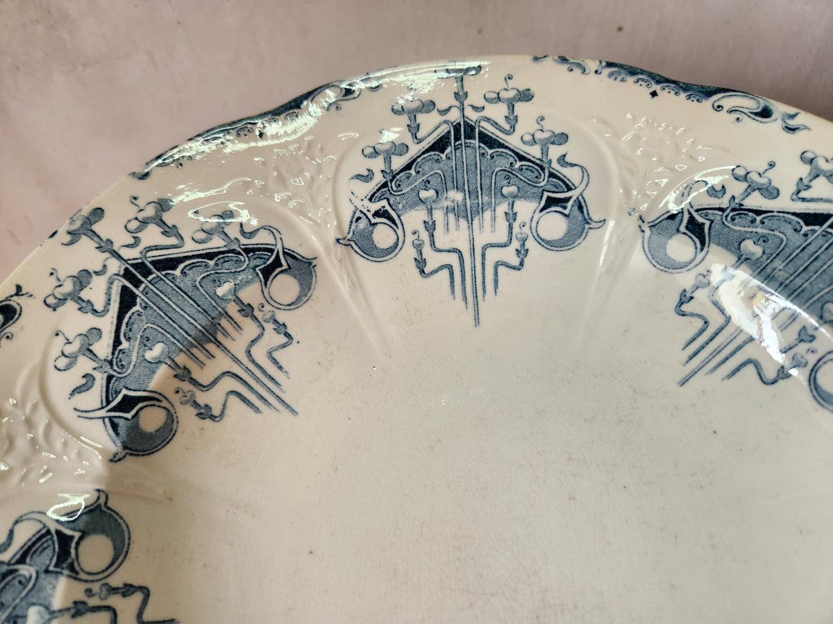 Antique French Ironstone 19th Century Longwy Byzantine Hollow Plates Blue Transferware