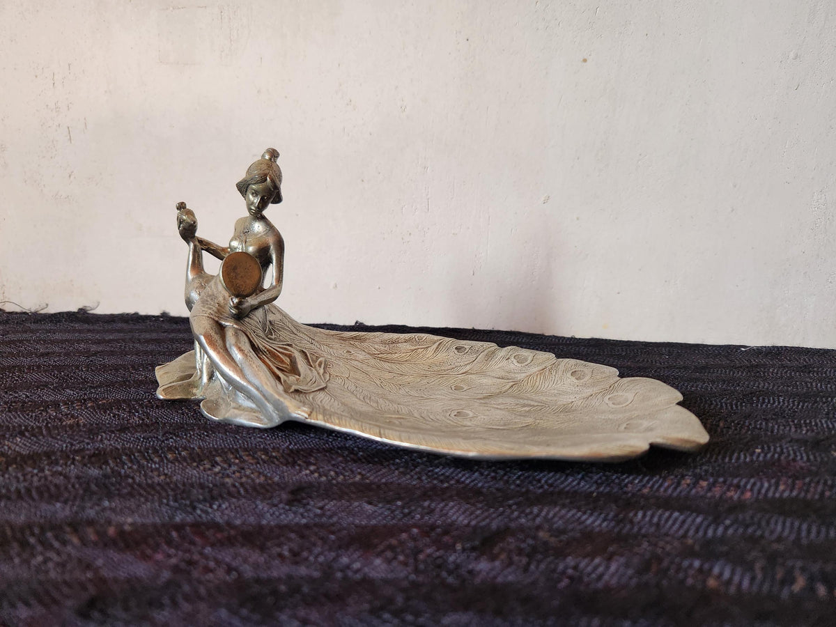 Antique Art Nouveau Pewter Ring Dish Lady and Peacock