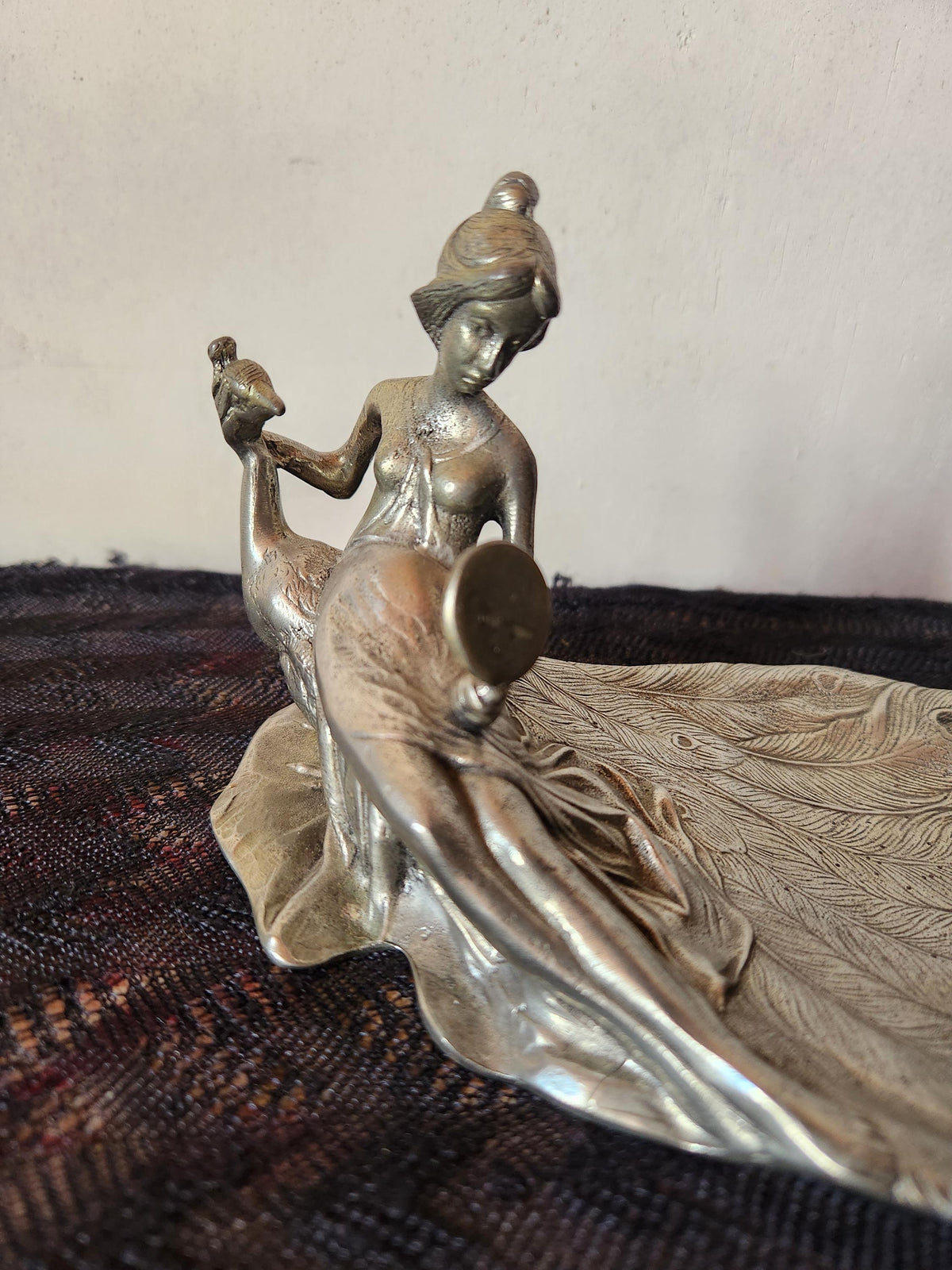 Antique Art Nouveau Pewter Ring Dish Lady and Peacock