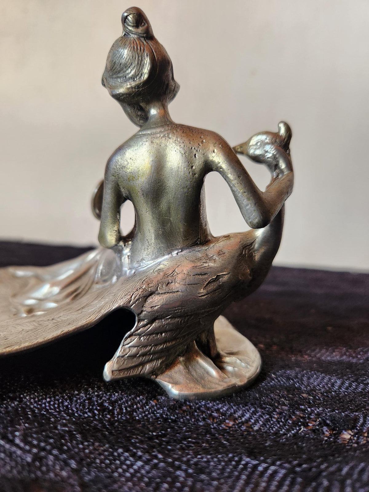 Antique Art Nouveau Pewter Ring Dish Lady and Peacock