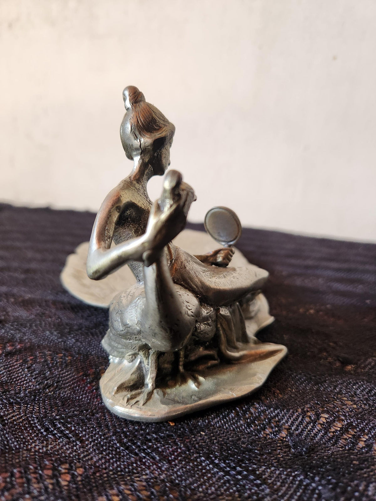 Antique Art Nouveau Pewter Ring Dish Lady and Peacock