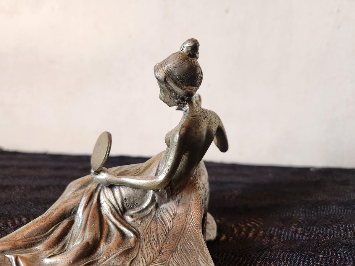 Antique Art Nouveau Pewter Ring Dish Lady and Peacock