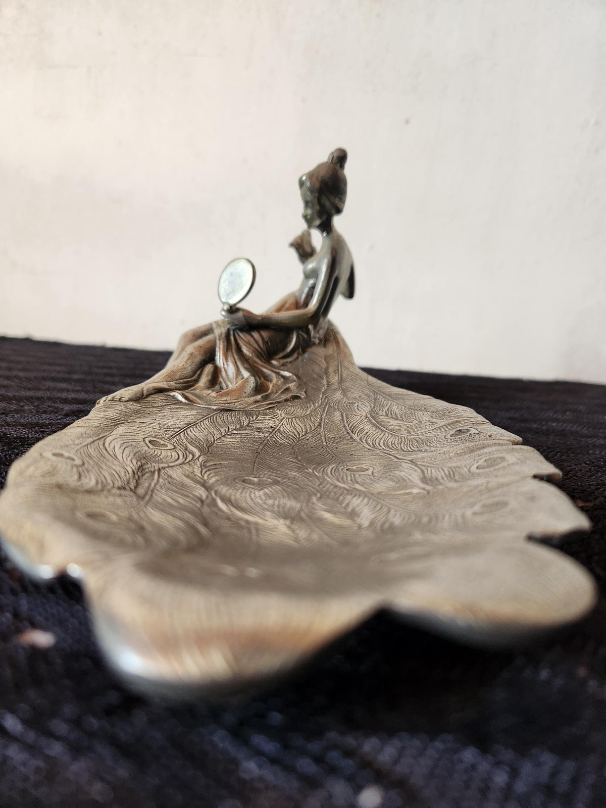 Antique Art Nouveau Pewter Ring Dish Lady and Peacock