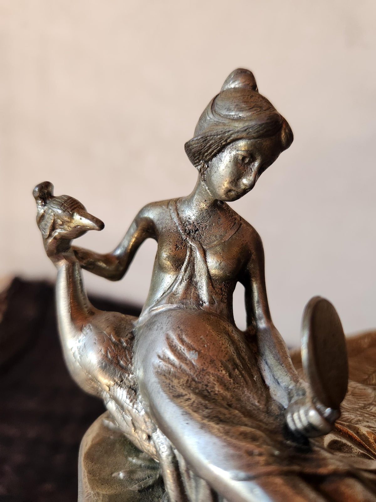 Antique Art Nouveau Pewter Ring Dish Lady and Peacock
