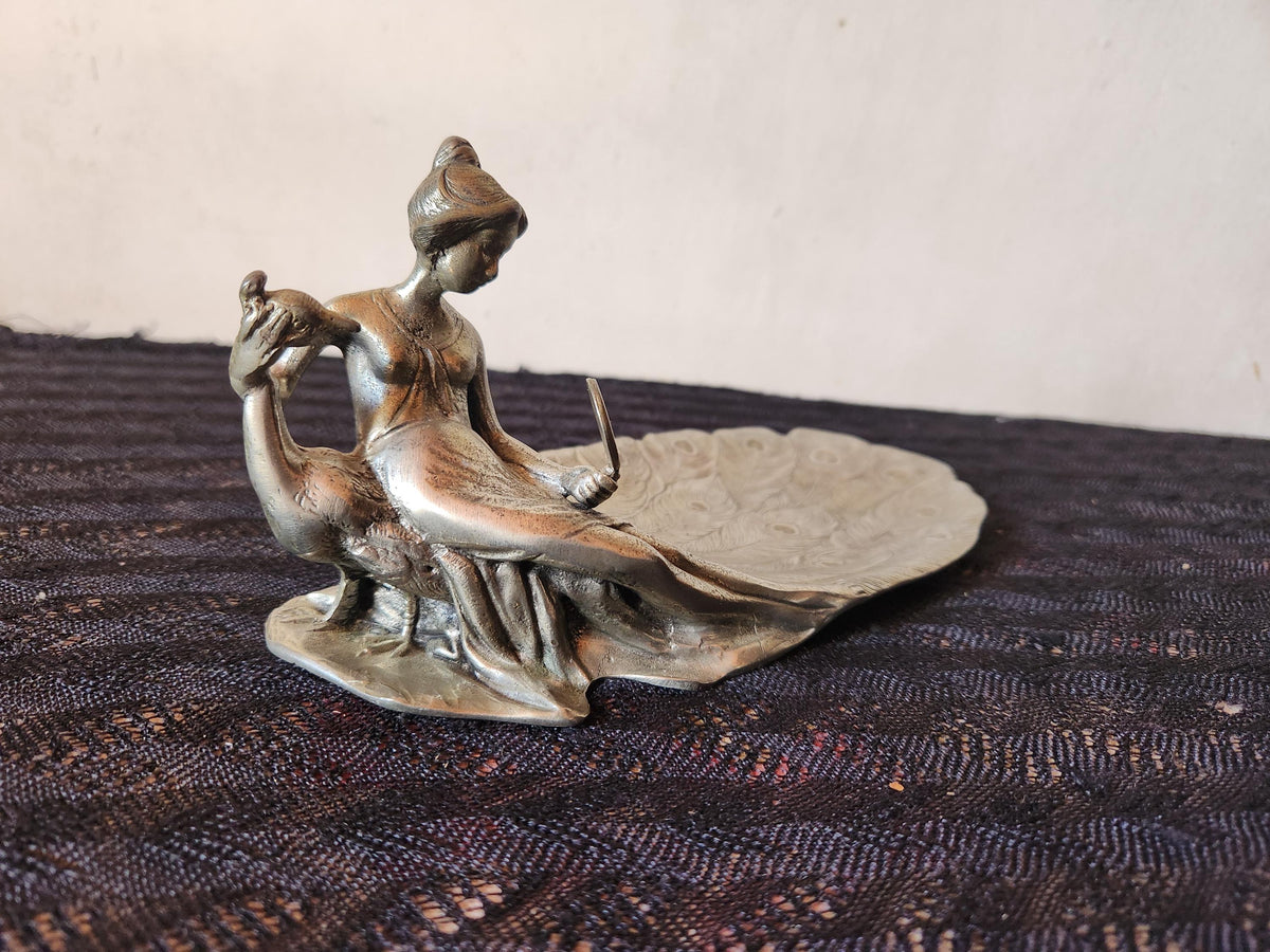 Antique Art Nouveau Pewter Ring Dish Lady and Peacock