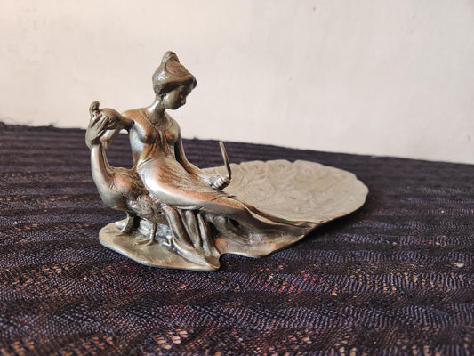 Antique Art Nouveau Pewter Ring Dish Lady and Peacock