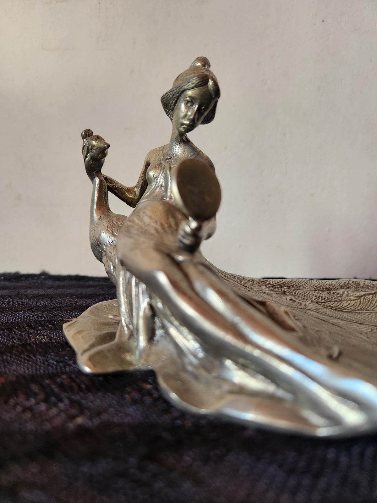 Antique Art Nouveau Pewter Ring Dish Lady and Peacock